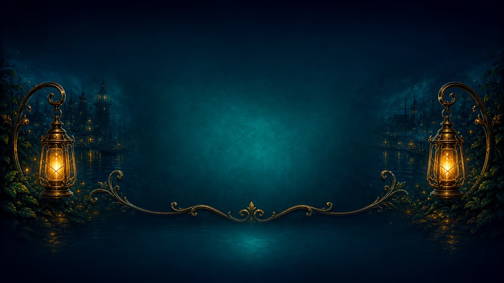 Lantern-lit Cazovia harbor with open gradient space for overlapping game and trust panels
