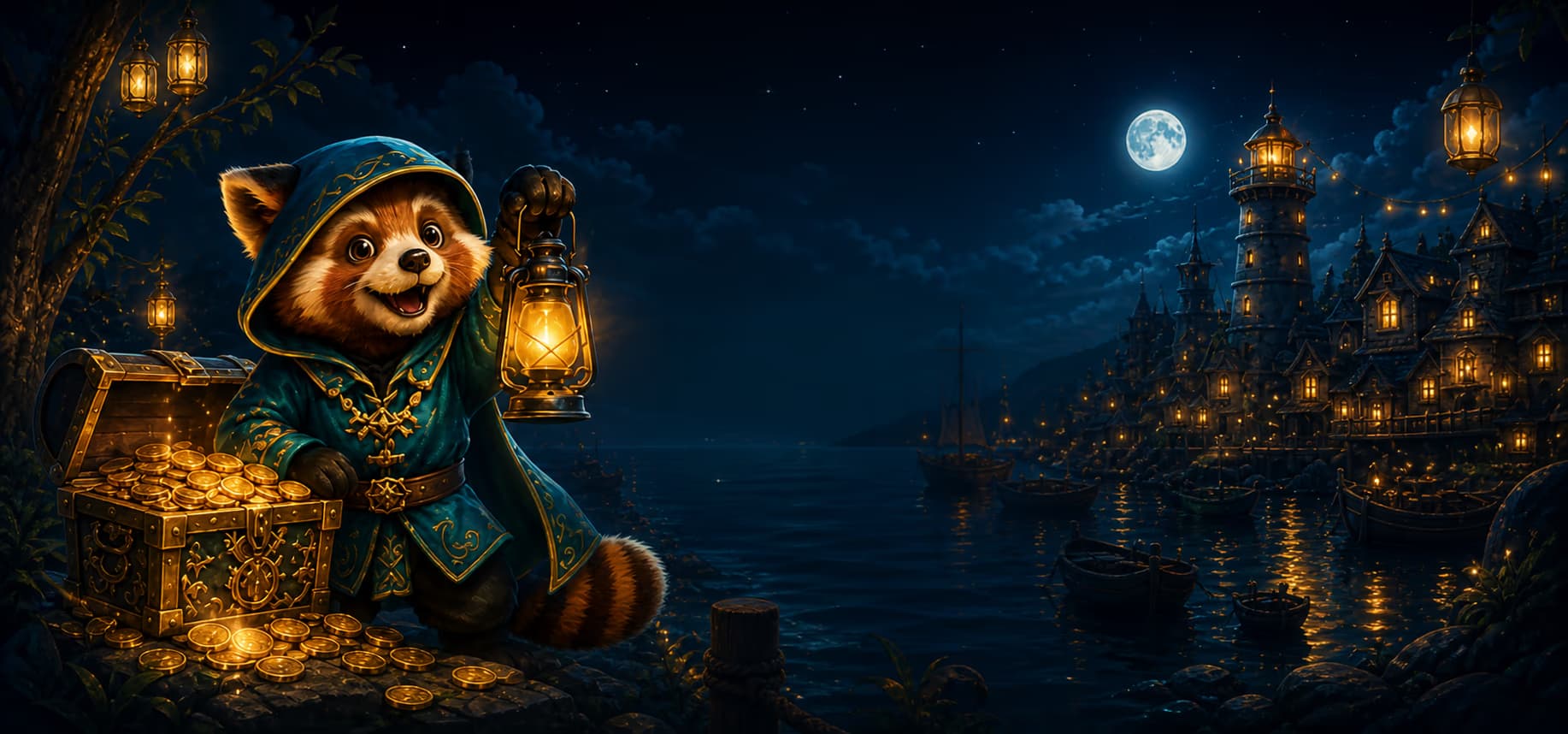 Lumo the red panda lantern keeper welcoming players to Cazovia harbor